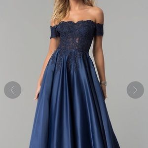 Navy Off-the-Shoulder Lace and Satin Prom Dress